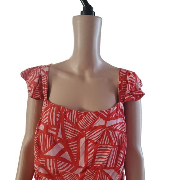 Eloquii Plus Size 24 Red & Pink Geo Print Flutter Sleeve Maxi Dress NO BELT - Picture 2 of 11